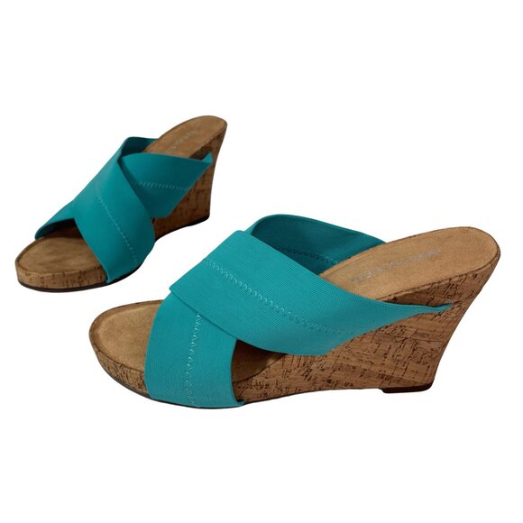 Aerosoles Party Plush Womens Platform Cork Wedge Sandal Sz 10 Aqua Slip On Beach - Picture 1 of 9